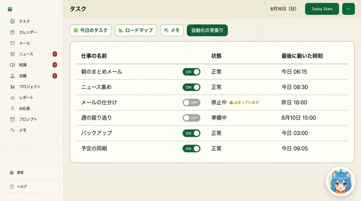 自動の仕事の一覧タブの画面イメージ。仕事の名前・状態・最後に動いた時刻の表
